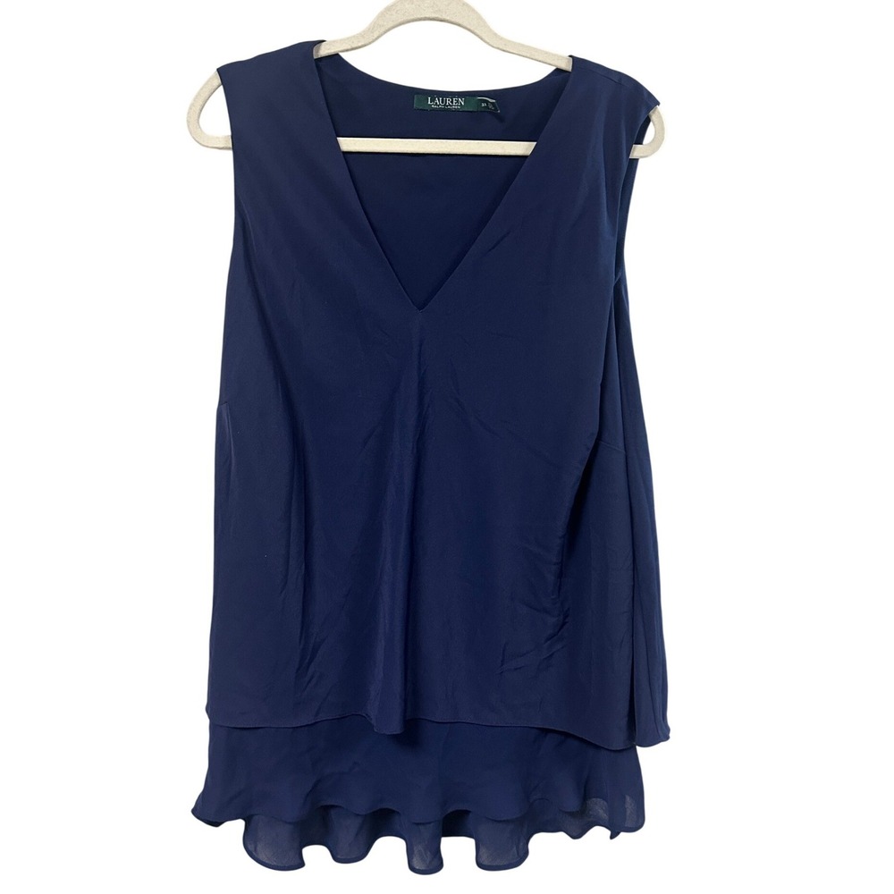 Lauren Ralph Lauren Navy Blue V-Neck Ruffle Hem Double Layer Blouse Womens 3X